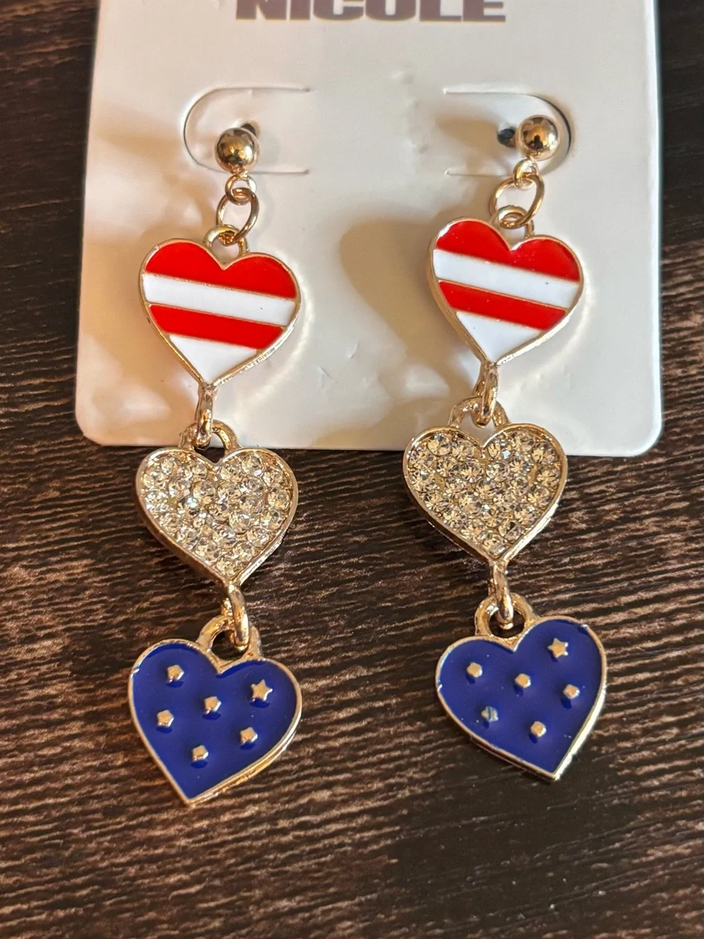 Red,‎ White & Blue Triple Heart Dangle Earrings in Gold Tone